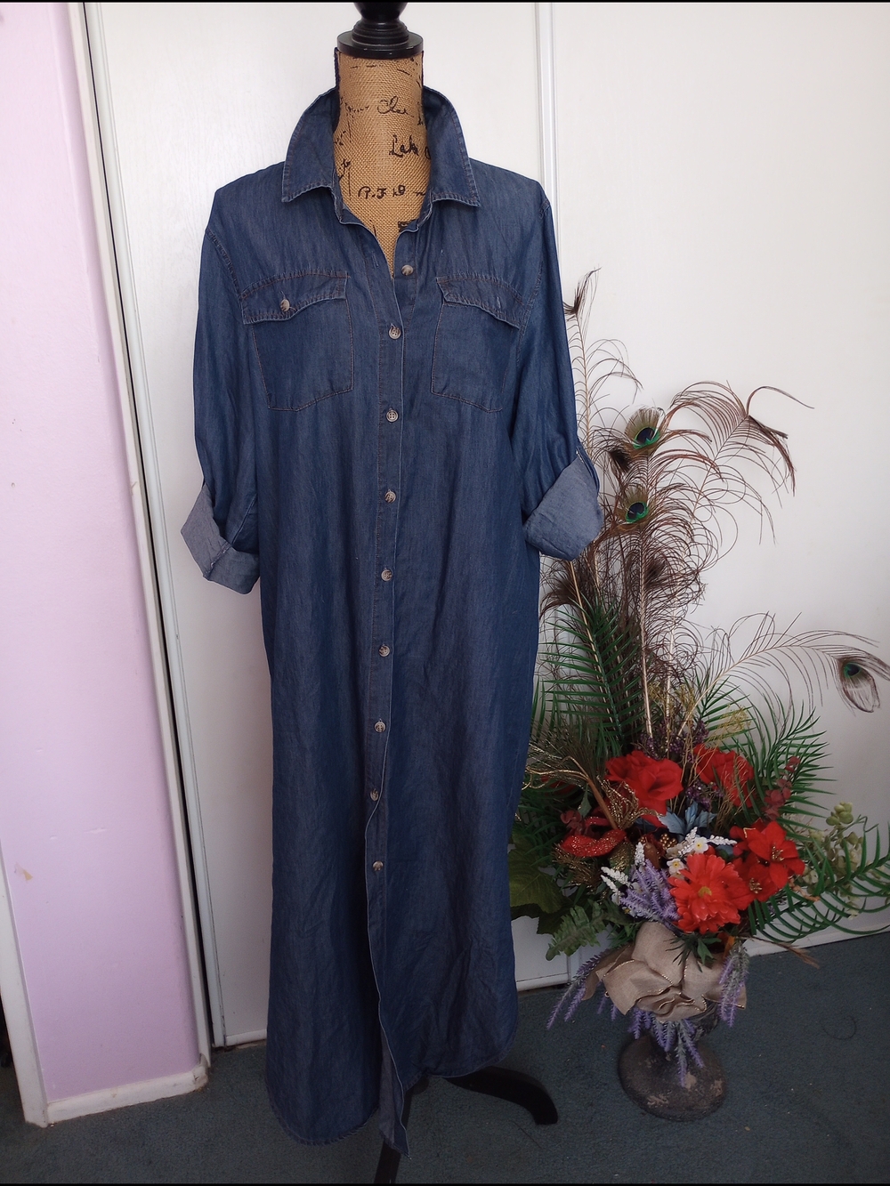 Denim Button-Front Maxi Shirt Dress - Dark Blue